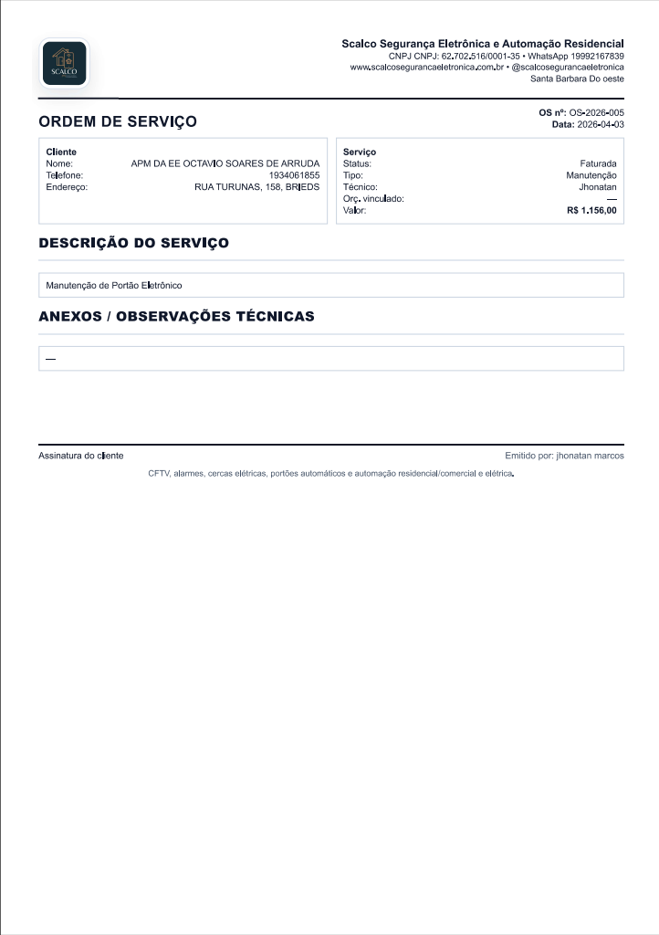 Exemplo de ordem de serviço gerada pelo sistema