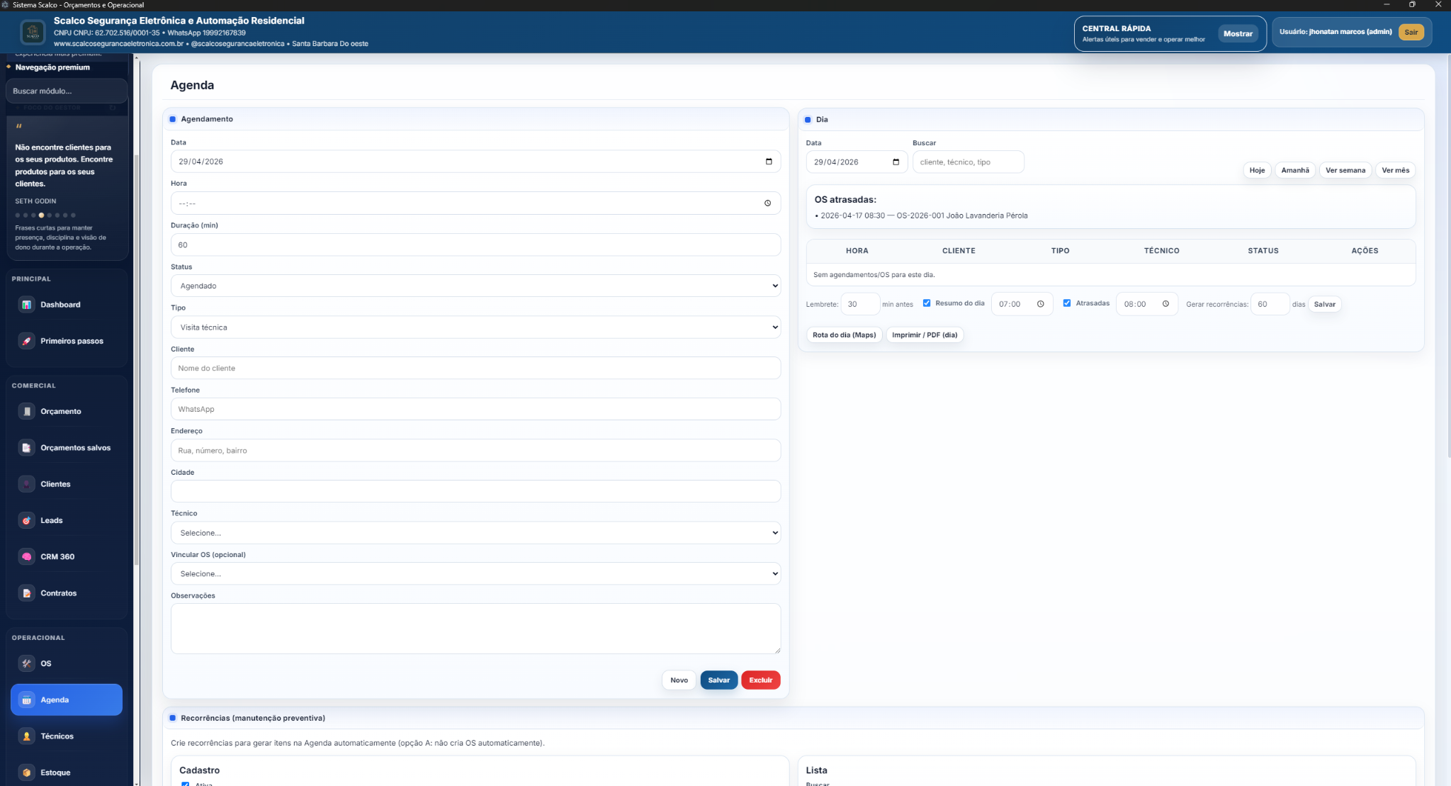 Agenda operacional do Meu Negócio no Controle