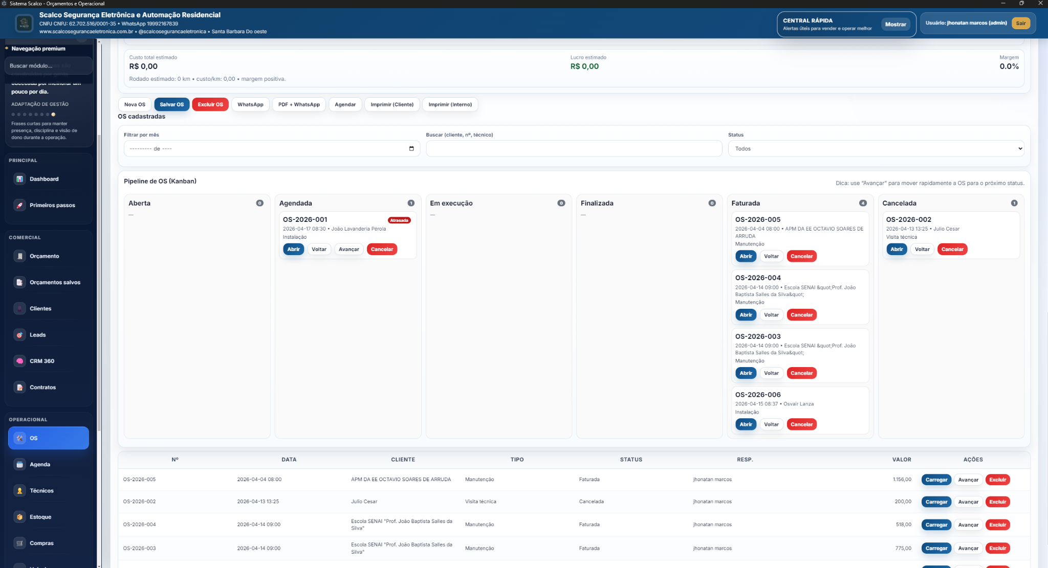 Ordens de serviço em kanban no Meu Negócio no Controle