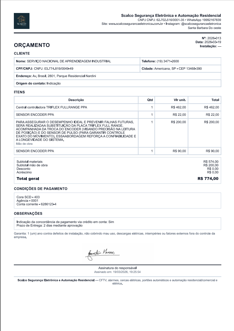 Exemplo de orçamento profissional gerado pelo sistema