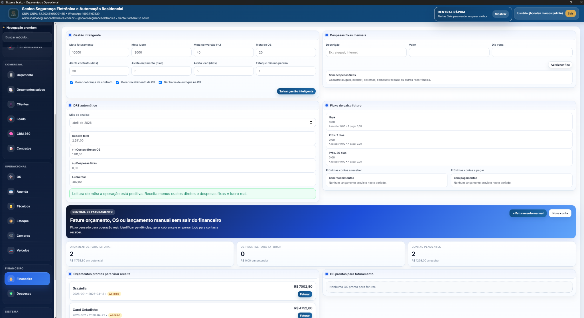 Tela financeira do Meu Negócio no Controle